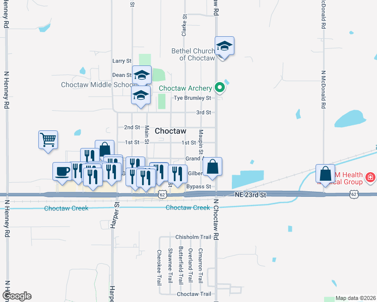map of restaurants, bars, coffee shops, grocery stores, and more near 2640 Clarke Street in Choctaw