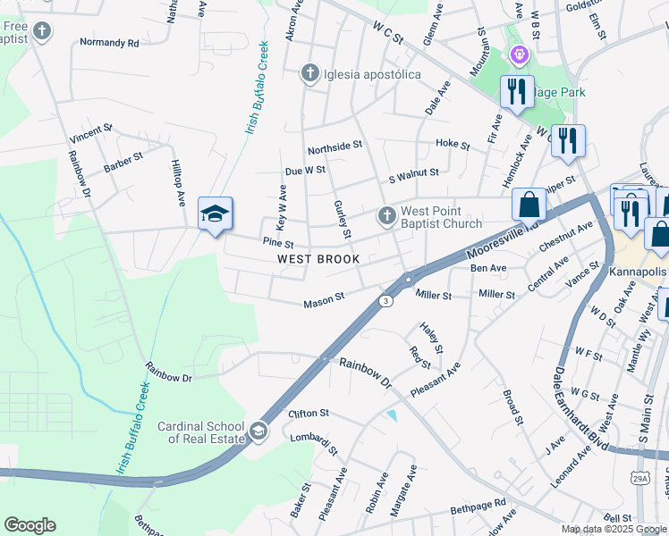 map of restaurants, bars, coffee shops, grocery stores, and more near 1208 Birch Street in Kannapolis