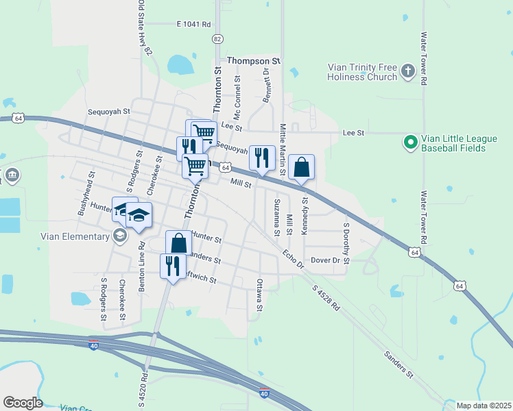 map of restaurants, bars, coffee shops, grocery stores, and more near 201-207 Wart Street in Vian