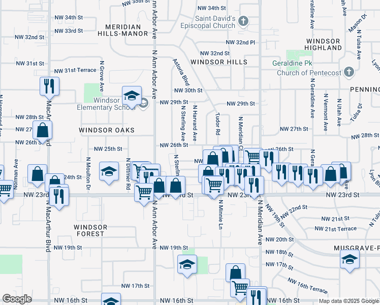 map of restaurants, bars, coffee shops, grocery stores, and more near 32 Northwest 25th Place in Oklahoma City