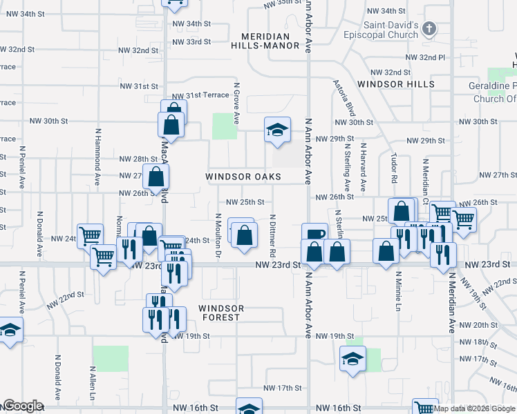 map of restaurants, bars, coffee shops, grocery stores, and more near 2509 North Ditmer Road in Oklahoma City