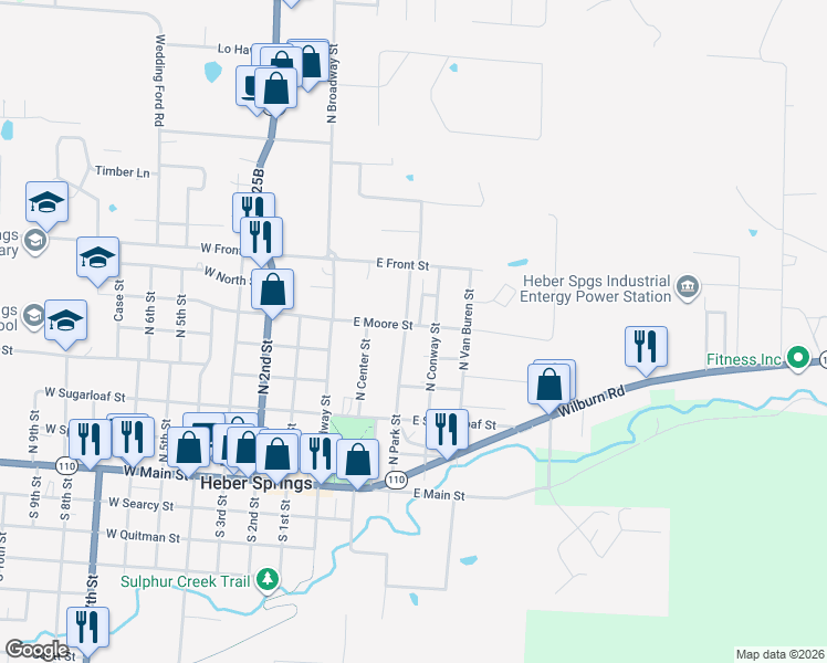 map of restaurants, bars, coffee shops, grocery stores, and more near 435 East Moore Street in Heber Springs