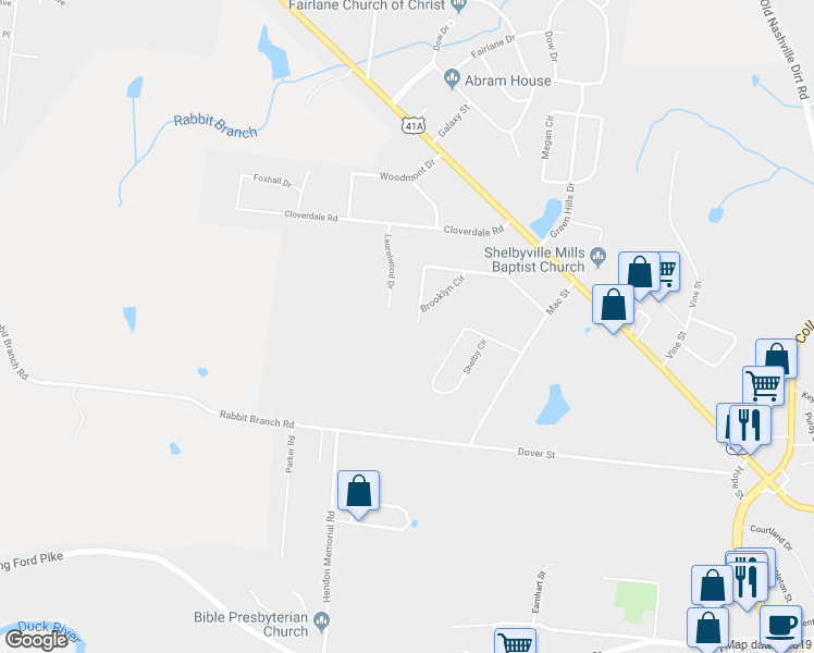 map of restaurants, bars, coffee shops, grocery stores, and more near 222 Brooklyn Circle in Shelbyville