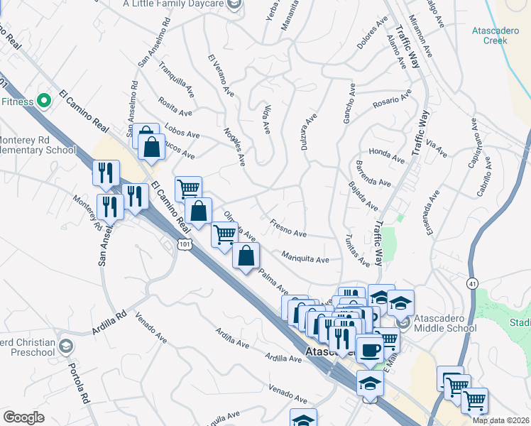 map of restaurants, bars, coffee shops, grocery stores, and more near 5155 Fresno Avenue in Atascadero