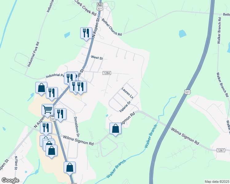 map of restaurants, bars, coffee shops, grocery stores, and more near 107 Olivia Lane in Lincolnton