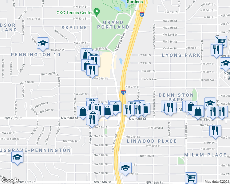 map of restaurants, bars, coffee shops, grocery stores, and more near 3505 Northwest 26th Street in Oklahoma City