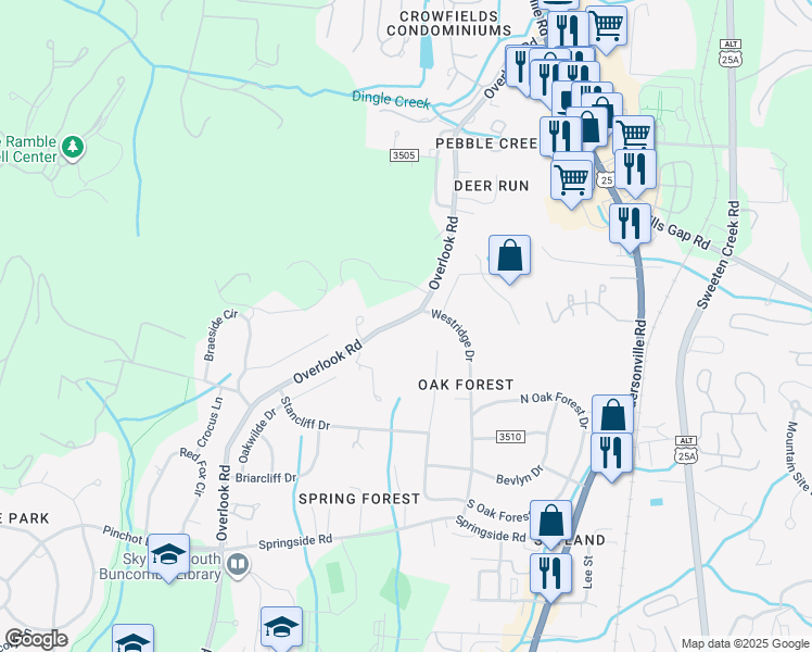 map of restaurants, bars, coffee shops, grocery stores, and more near 120 Overlook Road in Asheville