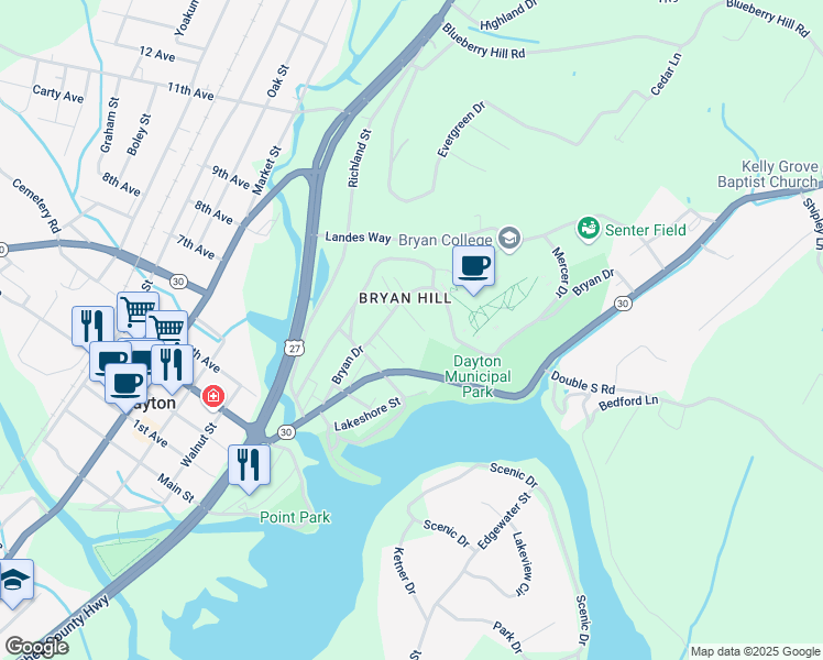 map of restaurants, bars, coffee shops, grocery stores, and more near 260 Fairview Lane in Dayton
