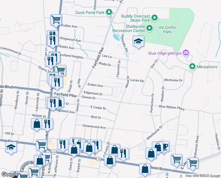 map of restaurants, bars, coffee shops, grocery stores, and more near 128 Enden Avenue in Shelbyville