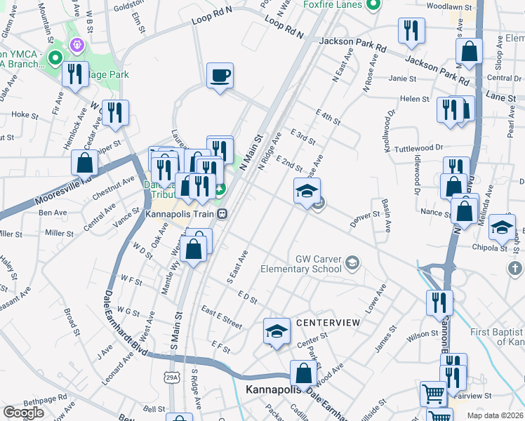 map of restaurants, bars, coffee shops, grocery stores, and more near 108 Southeast Avenue in Kannapolis
