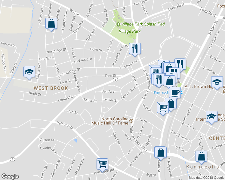 map of restaurants, bars, coffee shops, grocery stores, and more near 601 Ben Avenue in Kannapolis