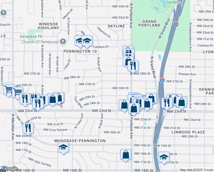 map of restaurants, bars, coffee shops, grocery stores, and more near 3828 Northwest 26th Street in Oklahoma City