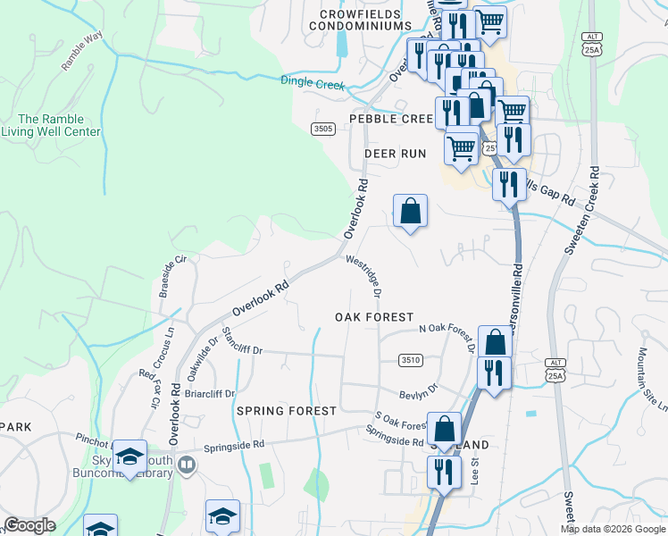 map of restaurants, bars, coffee shops, grocery stores, and more near 120 Overlook Road in Asheville