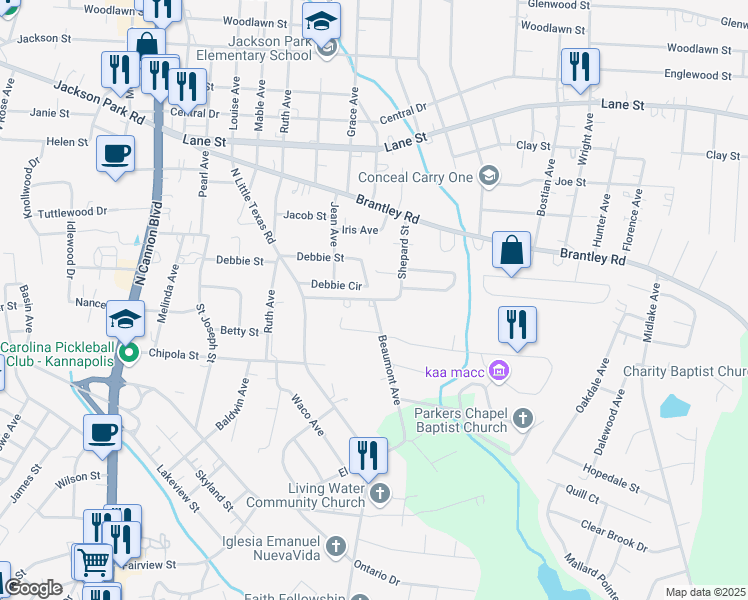 map of restaurants, bars, coffee shops, grocery stores, and more near 198 Beaumont Avenue in Kannapolis