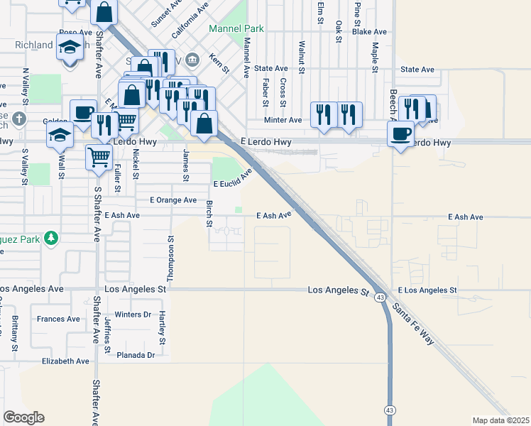 map of restaurants, bars, coffee shops, grocery stores, and more near 455 East Ash Avenue in Shafter