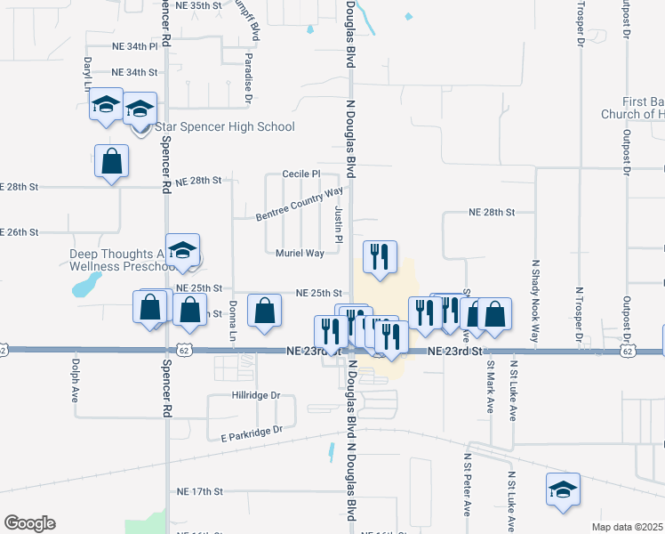map of restaurants, bars, coffee shops, grocery stores, and more near 2635 North Douglas Boulevard in Spencer