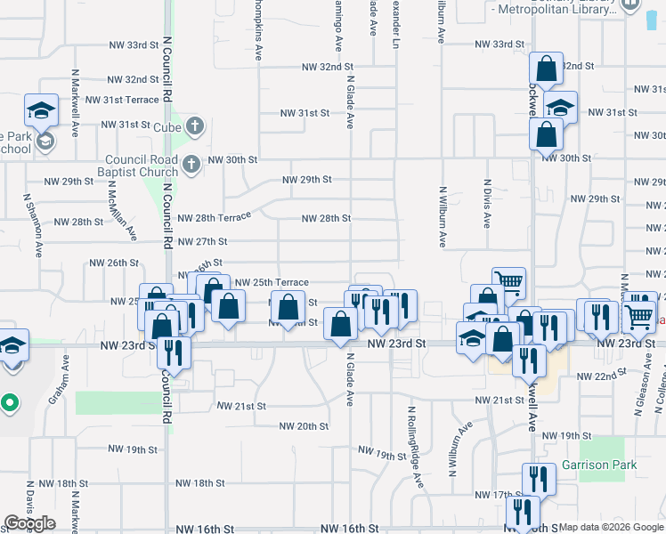 map of restaurants, bars, coffee shops, grocery stores, and more near 7525 Northwest 25th Terrace in Bethany