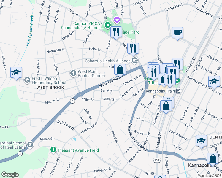 map of restaurants, bars, coffee shops, grocery stores, and more near 601 Ben Avenue in Kannapolis