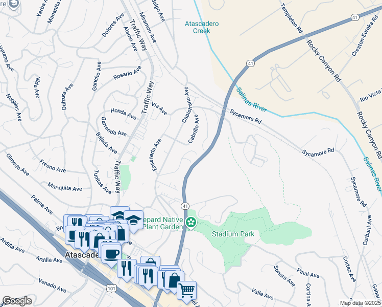 map of restaurants, bars, coffee shops, grocery stores, and more near 5335 Magnolia Avenue in Atascadero