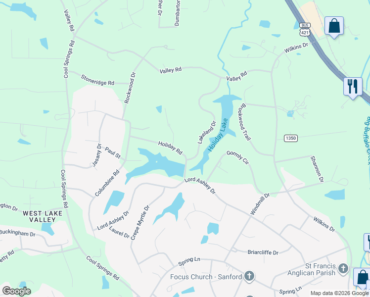 map of restaurants, bars, coffee shops, grocery stores, and more near 1802 Holiday Road in Sanford