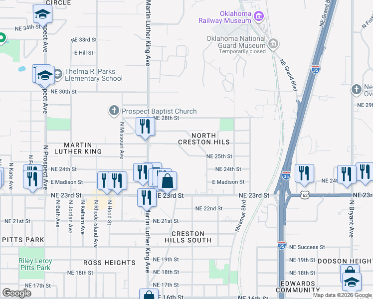 map of restaurants, bars, coffee shops, grocery stores, and more near 2131 Northeast 26th Street in Oklahoma City