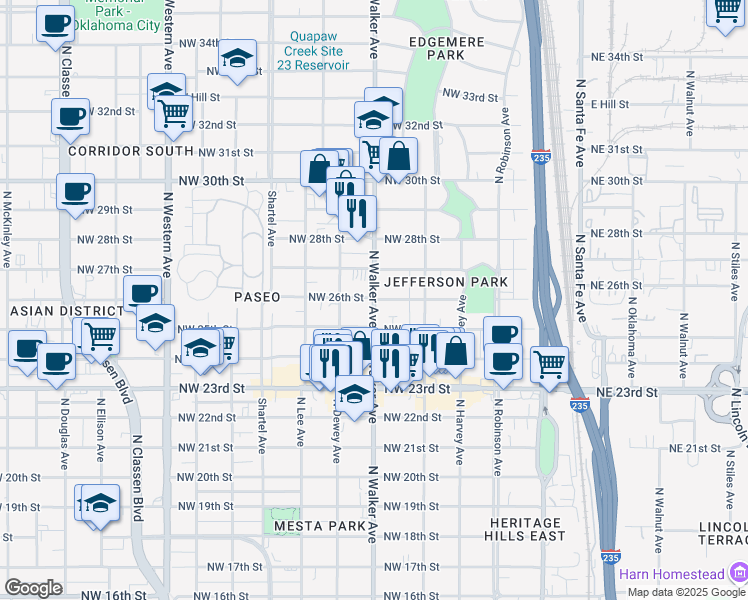 map of restaurants, bars, coffee shops, grocery stores, and more near North Walker Avenue in Oklahoma City