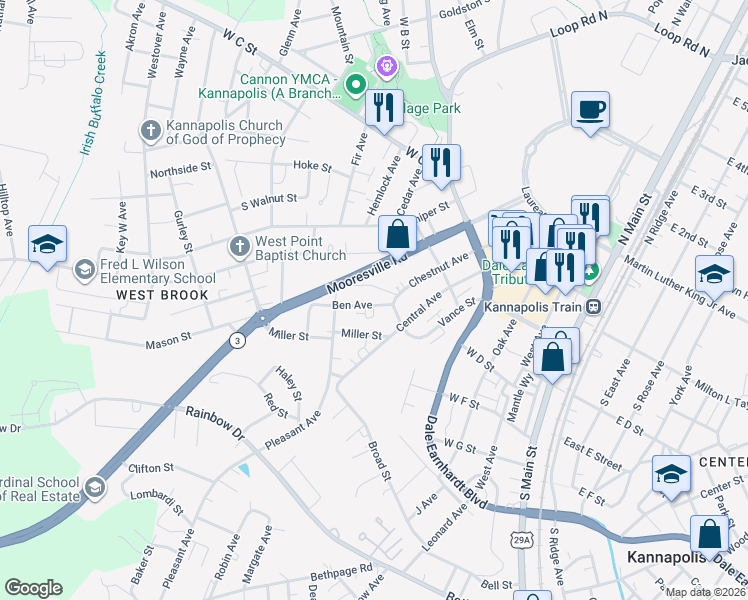 map of restaurants, bars, coffee shops, grocery stores, and more near 602 Ben Avenue in Kannapolis