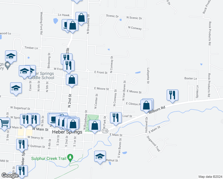 map of restaurants, bars, coffee shops, grocery stores, and more near 610 North Optimistic Lane in Heber Springs
