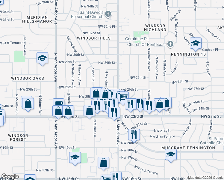 map of restaurants, bars, coffee shops, grocery stores, and more near 4508 Northwest 26th Street in Oklahoma City