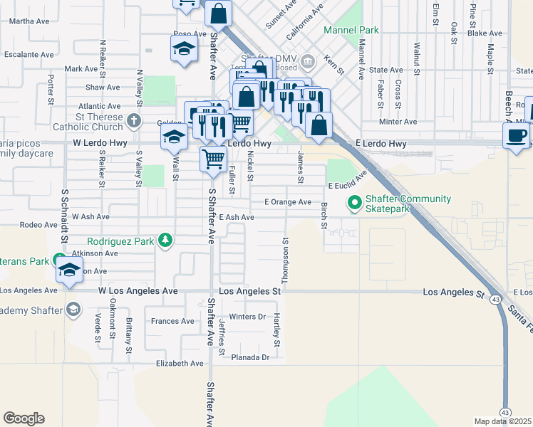 map of restaurants, bars, coffee shops, grocery stores, and more near 235 East Ash Avenue in Shafter