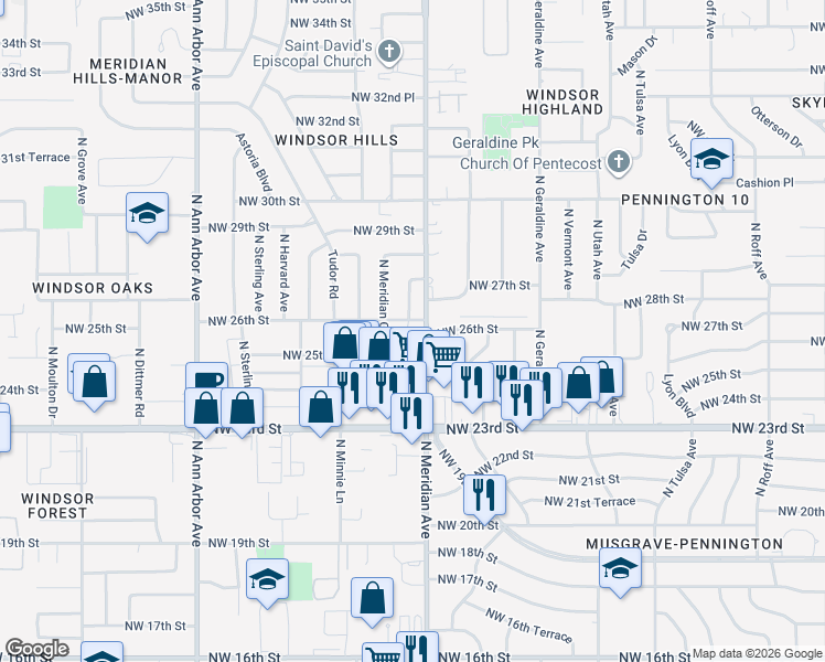 map of restaurants, bars, coffee shops, grocery stores, and more near 4509 Northwest 25th Place in Oklahoma City