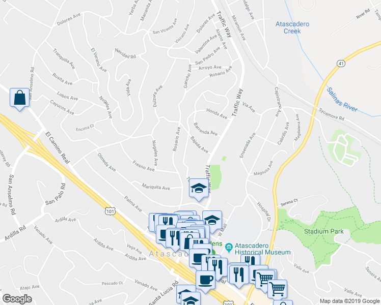 map of restaurants, bars, coffee shops, grocery stores, and more near 5525 Tunitas Avenue in Atascadero