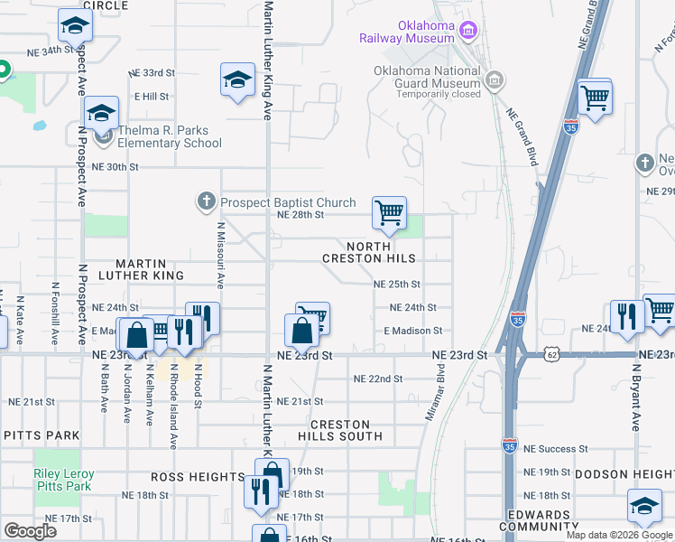 map of restaurants, bars, coffee shops, grocery stores, and more near 2131 Northeast 26th Street in Oklahoma City