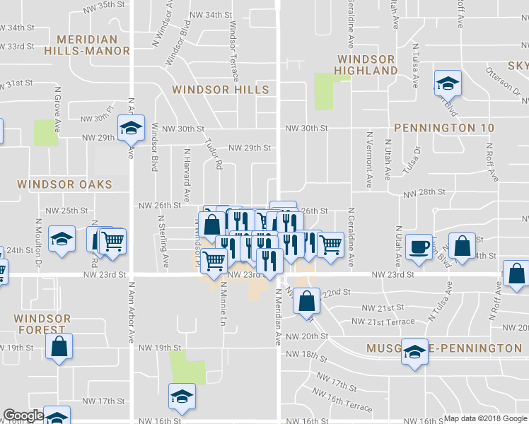 map of restaurants, bars, coffee shops, grocery stores, and more near 4509 Northwest 25th Place in Oklahoma City