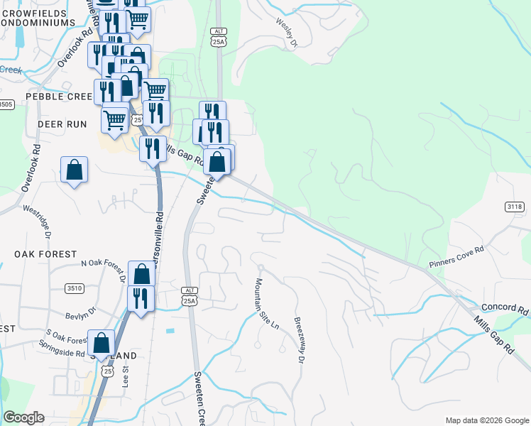 map of restaurants, bars, coffee shops, grocery stores, and more near 107 Alpine Ridge Drive in Asheville