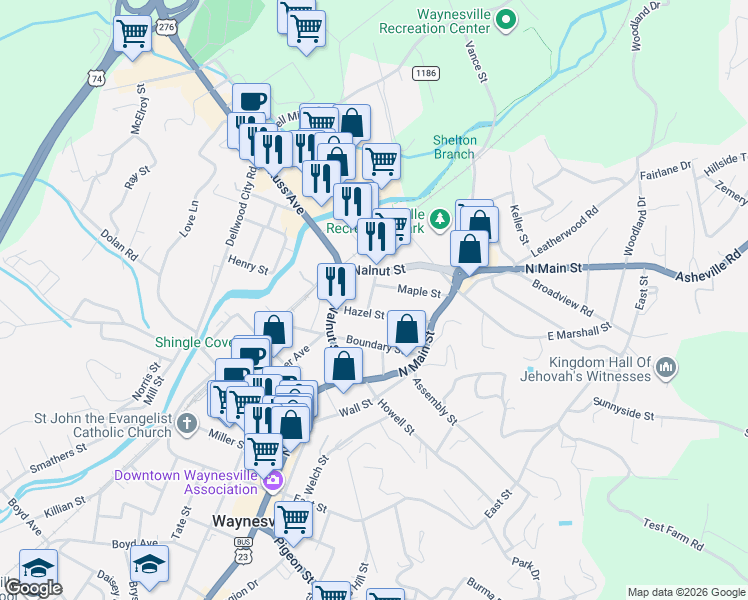 map of restaurants, bars, coffee shops, grocery stores, and more near 137 Hazel Street in Waynesville