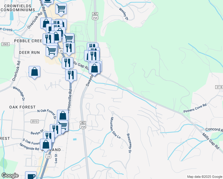 map of restaurants, bars, coffee shops, grocery stores, and more near 127 Alpine Ridge Drive in Asheville