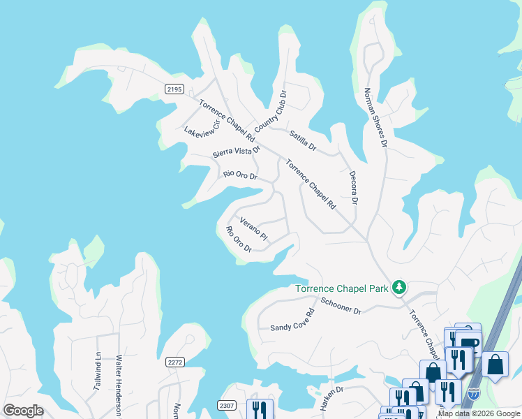map of restaurants, bars, coffee shops, grocery stores, and more near 21431 Verano Place in Cornelius