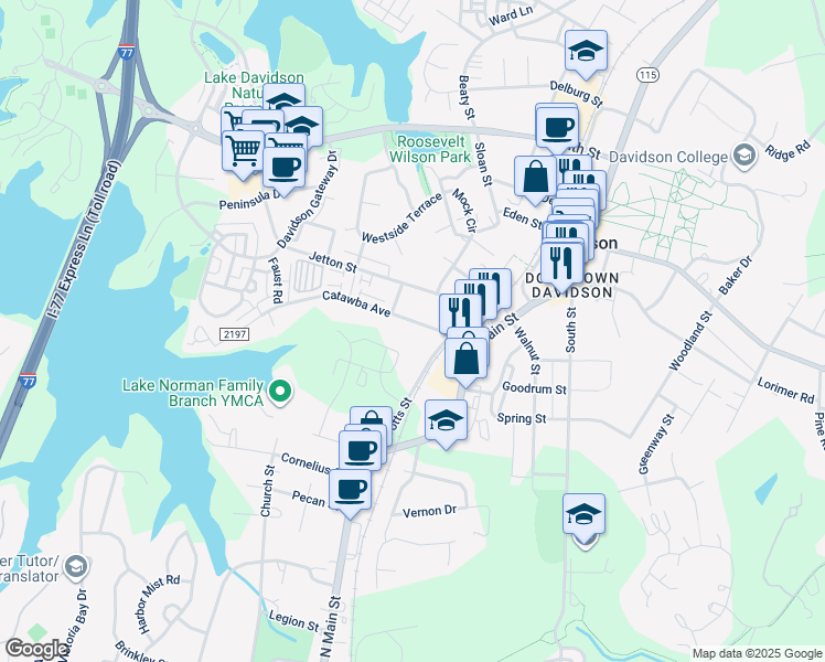 map of restaurants, bars, coffee shops, grocery stores, and more near 233 Catawba Avenue in Davidson