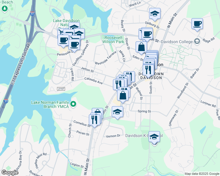 map of restaurants, bars, coffee shops, grocery stores, and more near 233 Catawba Avenue in Davidson