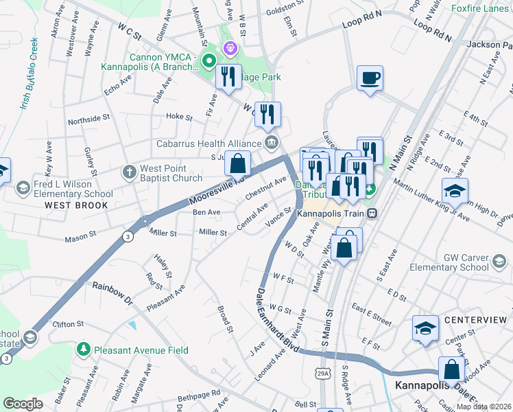 map of restaurants, bars, coffee shops, grocery stores, and more near 328 Central Avenue in Kannapolis