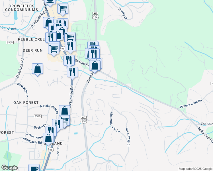 map of restaurants, bars, coffee shops, grocery stores, and more near 208 Alpine Ridge Drive in Asheville