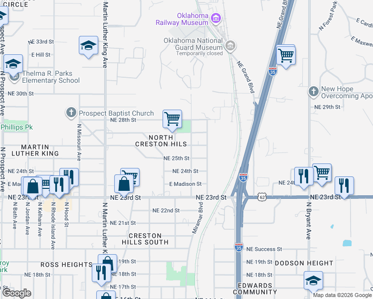 map of restaurants, bars, coffee shops, grocery stores, and more near 2313 Northeast 25th Street in Oklahoma City