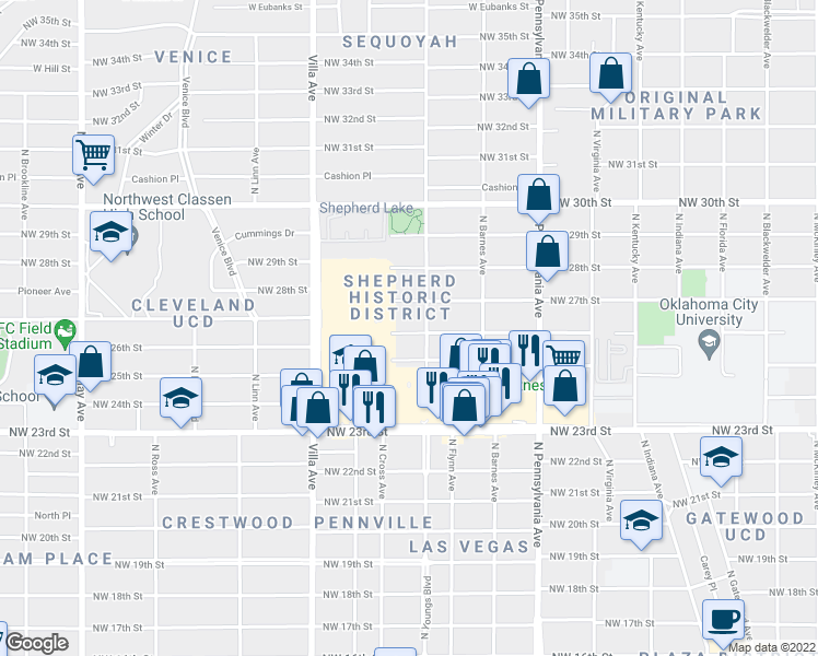 map of restaurants, bars, coffee shops, grocery stores, and more near 2304 Northwest 26th Street in Oklahoma City