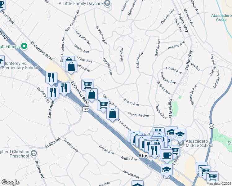 map of restaurants, bars, coffee shops, grocery stores, and more near 5155 Fresno Avenue in Atascadero