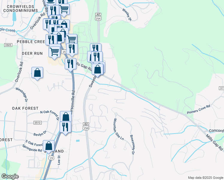 map of restaurants, bars, coffee shops, grocery stores, and more near 127 Alpine Ridge Drive in Asheville
