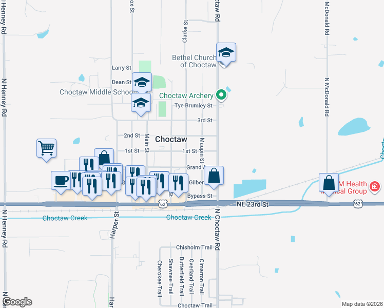 map of restaurants, bars, coffee shops, grocery stores, and more near 2640 Clarke Street in Choctaw