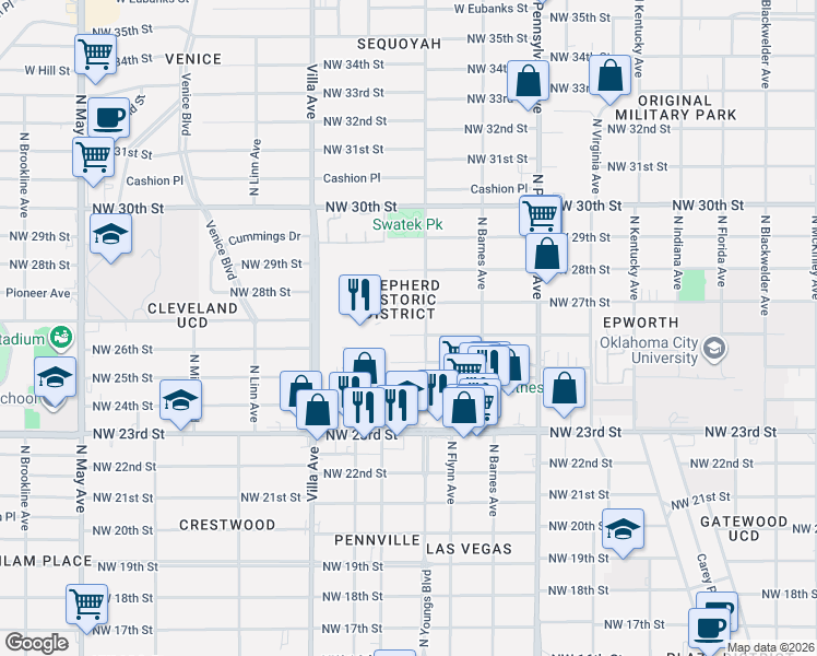 map of restaurants, bars, coffee shops, grocery stores, and more near 2304 Northwest 26th Street in Oklahoma City