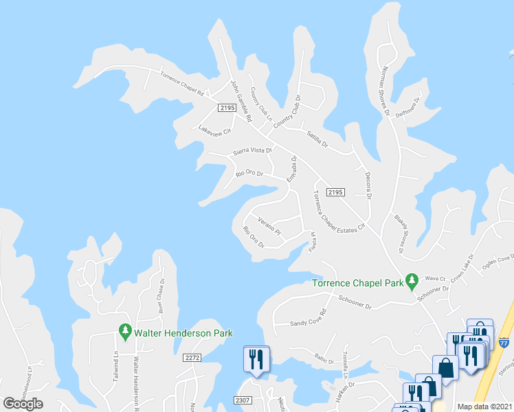 map of restaurants, bars, coffee shops, grocery stores, and more near 21101 State Road 2297 in Cornelius