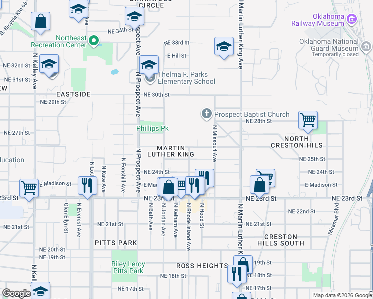 map of restaurants, bars, coffee shops, grocery stores, and more near 1705 Northeast 25th Street in Oklahoma City